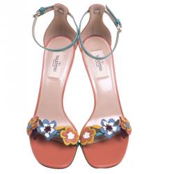 Pre Owned Valentino Multicolor Floral Embellished Leather Ankle Strap Sandals Size 38