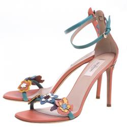Pre Owned Valentino Multicolor Floral Embellished Leather Ankle Strap Sandals Size 38