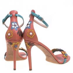 Pre Owned Valentino Multicolor Floral Embellished Leather Ankle Strap Sandals Size 38