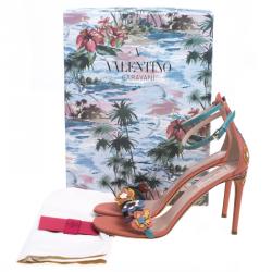 Pre Owned Valentino Multicolor Floral Embellished Leather Ankle Strap Sandals Size 38