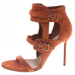 Pre Owned Valentino Orange Suede Buckle Detail Ankle Wrap Sandals Size 40