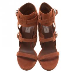 Pre Owned Valentino Orange Suede Buckle Detail Ankle Wrap Sandals Size 40