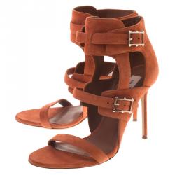 Pre Owned Valentino Orange Suede Buckle Detail Ankle Wrap Sandals Size 40