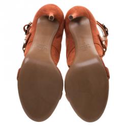 Pre Owned Valentino Orange Suede Buckle Detail Ankle Wrap Sandals Size 40