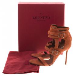 Pre Owned Valentino Orange Suede Buckle Detail Ankle Wrap Sandals Size 40
