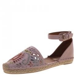 Pre Owned Valentino Light Pink Embroidered Leather A Jour Ankle Strap Espadrilles Size 40