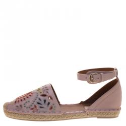 Pre Owned Valentino Light Pink Embroidered Leather A Jour Ankle Strap Espadrilles Size 40