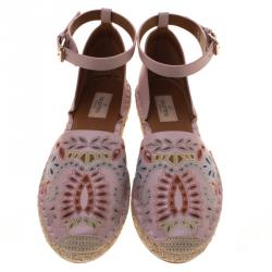 Pre Owned Valentino Light Pink Embroidered Leather A Jour Ankle Strap Espadrilles Size 40