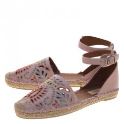 Pre Owned Valentino Light Pink Embroidered Leather A Jour Ankle Strap Espadrilles Size 40