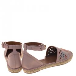 Pre Owned Valentino Light Pink Embroidered Leather A Jour Ankle Strap Espadrilles Size 40
