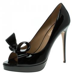 Pre Owned Valentino Black Patent Leather Couture Bow Peep Toe Platform Pumps Size 40