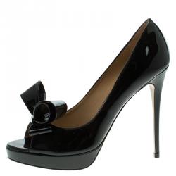 Pre Owned Valentino Black Patent Leather Couture Bow Peep Toe Platform Pumps Size 40
