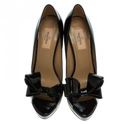 Pre Owned Valentino Black Patent Leather Couture Bow Peep Toe Platform Pumps Size 40