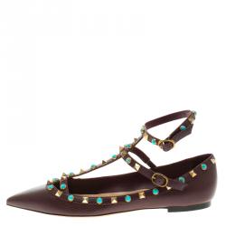 Pre Owned Valentino Brown Leather Rolling Rockstud Cage Flats Size 40