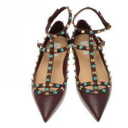 Pre Owned Valentino Brown Leather Rolling Rockstud Cage Flats Size 40