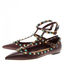 Pre Owned Valentino Brown Leather Rolling Rockstud Cage Flats Size 40