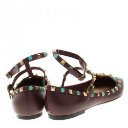 Pre Owned Valentino Brown Leather Rolling Rockstud Cage Flats Size 40