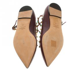 Pre Owned Valentino Brown Leather Rolling Rockstud Cage Flats Size 40