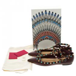 Pre Owned Valentino Brown Leather Rolling Rockstud Cage Flats Size 40