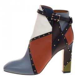 Pre Owned Valentino Multicolor Studded Paneled Leather Ankle Boots Size 40