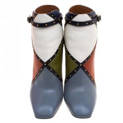 Pre Owned Valentino Multicolor Studded Paneled Leather Ankle Boots Size 40