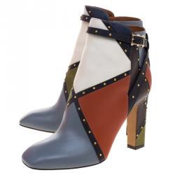 Pre Owned Valentino Multicolor Studded Paneled Leather Ankle Boots Size 40