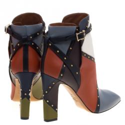 Pre Owned Valentino Multicolor Studded Paneled Leather Ankle Boots Size 40