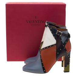 Pre Owned Valentino Multicolor Studded Paneled Leather Ankle Boots Size 40