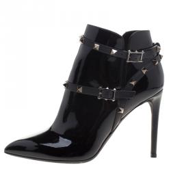 Pre Owned Valentino Black Patent Leather Rockstud Ankle Boots Size 39