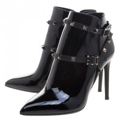 Pre Owned Valentino Black Patent Leather Rockstud Ankle Boots Size 39