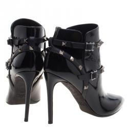 Pre Owned Valentino Black Patent Leather Rockstud Ankle Boots Size 39