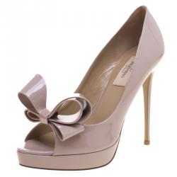 Pre Owned Valentino Beige Patent Leather Couture Bow Peep Toe Platform Pumps Size 38