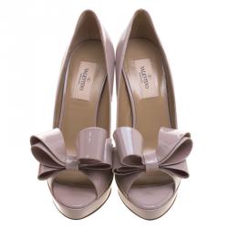 Pre Owned Valentino Beige Patent Leather Couture Bow Peep Toe Platform Pumps Size 38