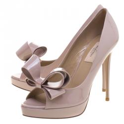 Pre Owned Valentino Beige Patent Leather Couture Bow Peep Toe Platform Pumps Size 38