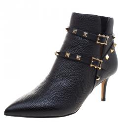 Pre Owned Valentino Black Leather Rockstud Pointed Toe Ankle Boots Size 38.5