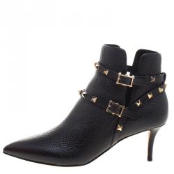 Pre Owned Valentino Black Leather Rockstud Pointed Toe Ankle Boots Size 38.5