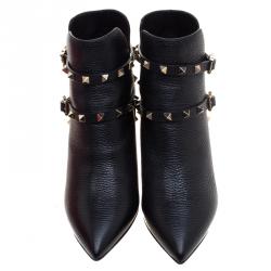 Pre Owned Valentino Black Leather Rockstud Pointed Toe Ankle Boots Size 38.5