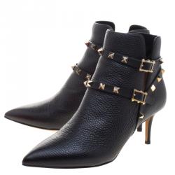 Pre Owned Valentino Black Leather Rockstud Pointed Toe Ankle Boots Size 38.5