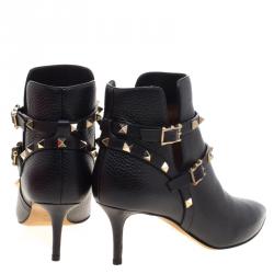 Pre Owned Valentino Black Leather Rockstud Pointed Toe Ankle Boots Size 38.5