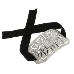 Pre Owned Valentino Crystal Embellished Silver Tone Black Ribbon Choker Necklace 