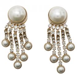 Pre Owned Valentino Faux Pearl and Crystals Gold Tone Earrings
