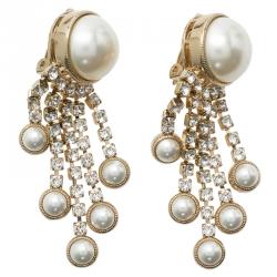 Pre Owned Valentino Faux Pearl and Crystals Gold Tone Earrings