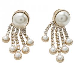Pre Owned Valentino Faux Pearl and Crystals Gold Tone Earrings