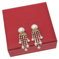 Pre Owned Valentino Faux Pearl and Crystals Gold Tone Earrings
