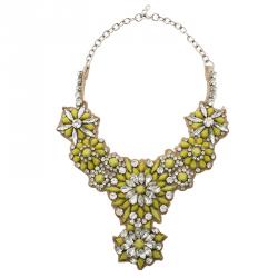 Pre Owned Valentino Fluoro Flowers Yellow Crystal and Satin Silver Tone Bib Necklace