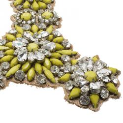 Pre Owned Valentino Fluoro Flowers Yellow Crystal and Satin Silver Tone Bib Necklace