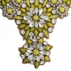 Pre Owned Valentino Fluoro Flowers Yellow Crystal and Satin Silver Tone Bib Necklace