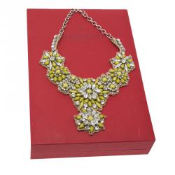 Pre Owned Valentino Fluoro Flowers Yellow Crystal and Satin Silver Tone Bib Necklace