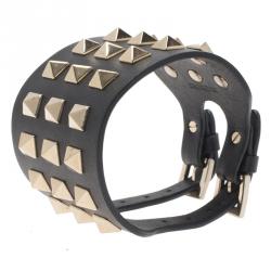 Pre Owned Valentino Rockstud Wide Black Leather Gold Tone Bracelet