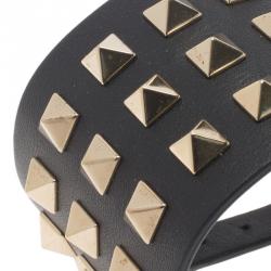 Pre Owned Valentino Rockstud Wide Black Leather Gold Tone Bracelet